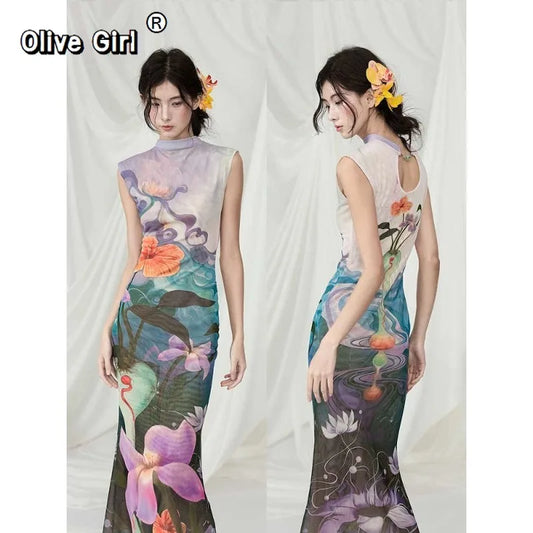 Olivegirl French Dress Printed Floral Fishtail Dress for Beach Vacation Sleeveless Women's Clothing High-end Sexy Temperament