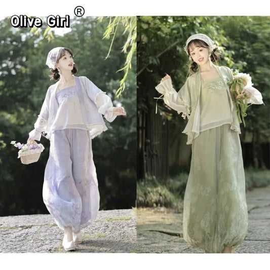 Hanfu Lantern Pants Set | Sweet Purple Green | Improved Chinese Casual Summer Outfit
