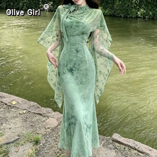 Olivegirl Sexy Dress Cheongsam Qipao 3D Flower Sleeveless Elastic Mesh Fabric Off Shoulder Purple Green Fish Tail Women's Dress