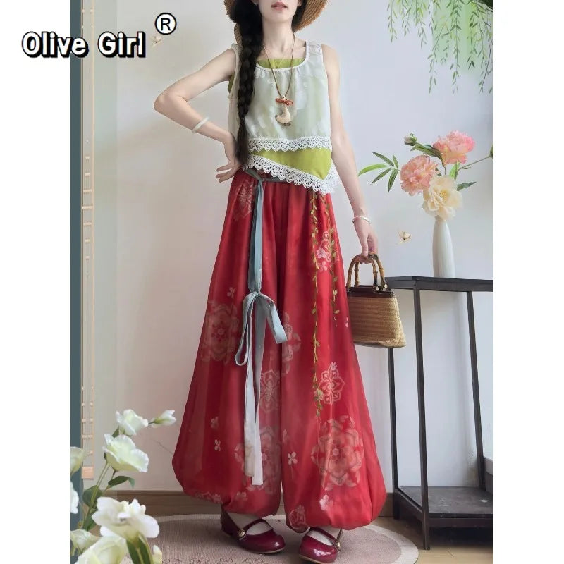 olivegirl Hanfu Set Jacquard Vest Strappy Lantern Pants Daily Commute Han Element Ensemble Women's Summer 2026