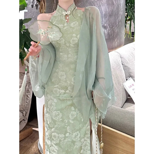 Women's Set Chinese Dress Cheongsam Chi-pao 2026 Summer Chinese Improved Qipao Slim Waist Hanging Neck Dress Sunscreen Cardigan