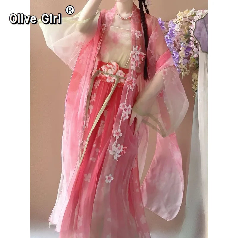 Olivegirl Hanfu Dress Traditional Chinese Clothing Women's Clothing Spring Print Gradient Embroidery Fairy Cosplay