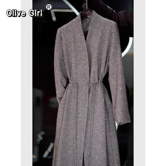 Grey Sequined Waist Cinched Cardigan Jacket Wrap Coat Trench V-neck Elegant High-end Fabric Mid Length Top Women's Clothing