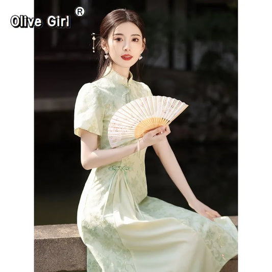 Olivegirl Green Dress Qipao Elegant Cheongsam Jacquard 2026 Summer Young Girls Chinese Style Dress Long Women's Clothing
