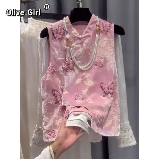 Olivegirl Chinese-style Pink Jacquard Embroidered Vest Women's Top 2026 Spring Hanfu-style Outerwear Vest Clothing