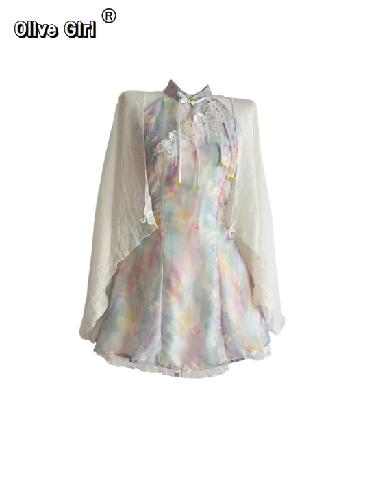 Olivegirl Chinese Dress Sexy Qipao Lace Flower Rainbow Plus Size Suspender Dress Cardigan Women's Clothing Fairy Cheongsam
