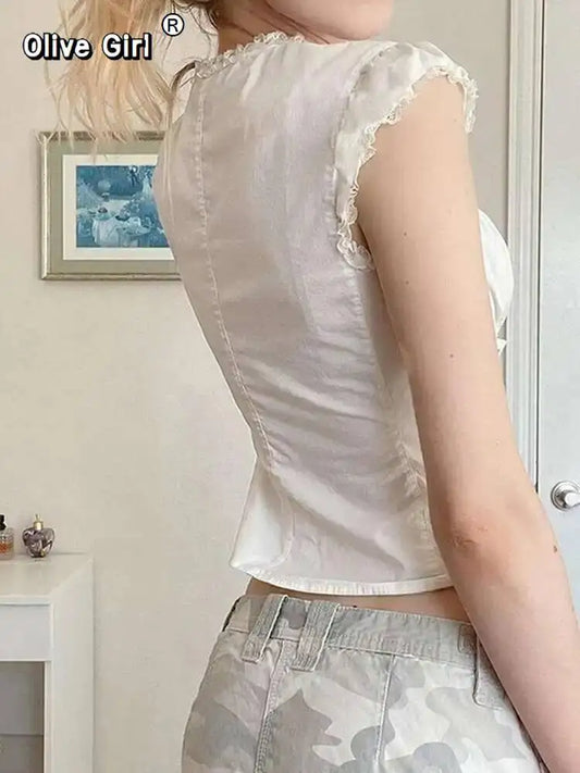 Olivegirl Women's Top Shirt Elegant Solid Color Camisole Spring Round Neck Buttoned T-shirt 2026 Bandage Personality Pleated