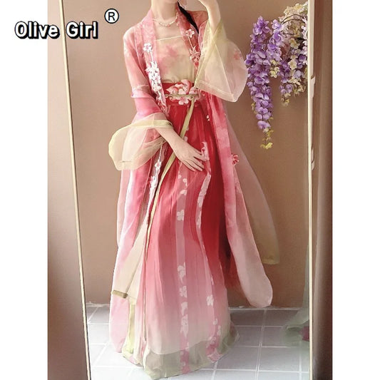 Olivegirl Hanfu Dress Traditional Chinese Clothing Women's Clothing Spring Print Gradient Embroidery Fairy Cosplay