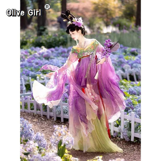 Olivegirl Hanfu Dress Set High End Cosplay Big Sleeve Original Fairy Hanfu Purple Green Embroidered Flower Slimming Set