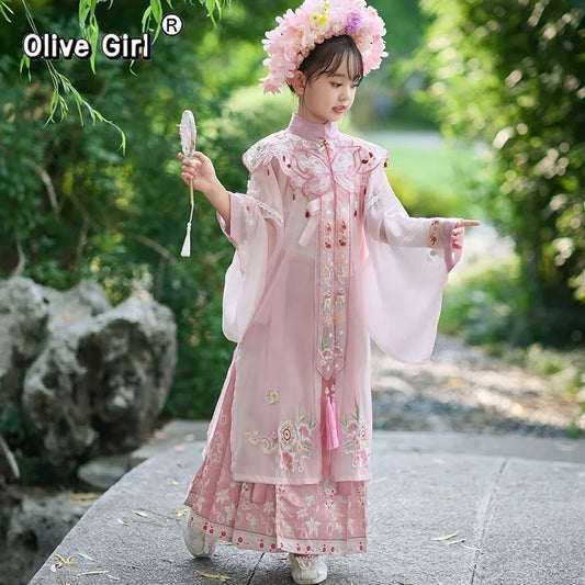 Girls Hanfu Dress | Horse Face Skirt & Cloud Shoulder | Chinese Princess Costume for Kids