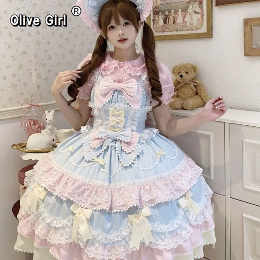 Summer Japanese Style Kawaii Lolita Dress Women Party Vintage Sweet Lace Bow Birthdays Cake Dresses Harajuku Y2k Bandage Dress