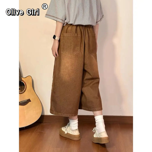 Olivegirl High End Cute Jean American Retro Pants Cartoon Embroidered Women's Seven Point Shorts Trousers Summer Wide Leg Pants