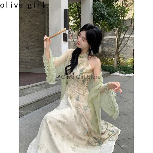 Green Cheongsam Elegant Cardigan Chinese Traditional Dress Qipao Chiffon Print Irregular Forest Dress Fairy Fashion Set