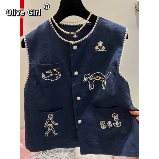Olivegirl Fashion Retro Vest Top Sleeveless Shirt Navy Round-Neck Waistcoat Vest Summer 2026 High-End Loose Versatile Chic Top