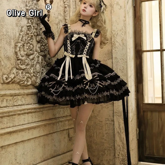 Olivegirl Japanese Kawaii Lolita Jsk Dress Women Sweet Y2k Bow Lace Ruffles Princess Dress Ballet Girls CuteParty Mini Dresses