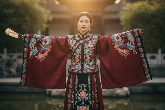 Hanfu dress at garden party — blush pink embroidered ruqun, model seated among blooming peonies, outdoor afternoon light