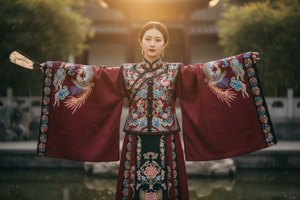 Hanfu dress at garden party — blush pink embroidered ruqun, model seated among blooming peonies, outdoor afternoon light
