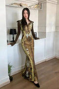 Olivegirl Inspired Bone Print Maxi Dress for Women Long Sleeves Fish Tail dress Flared Collar Waist-Cinching Hugging Style