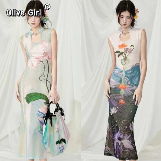 Olivegirl French Dress Printed Floral Fishtail Dress for Beach Vacation Sleeveless Women's Clothing High-end Sexy Temperament
