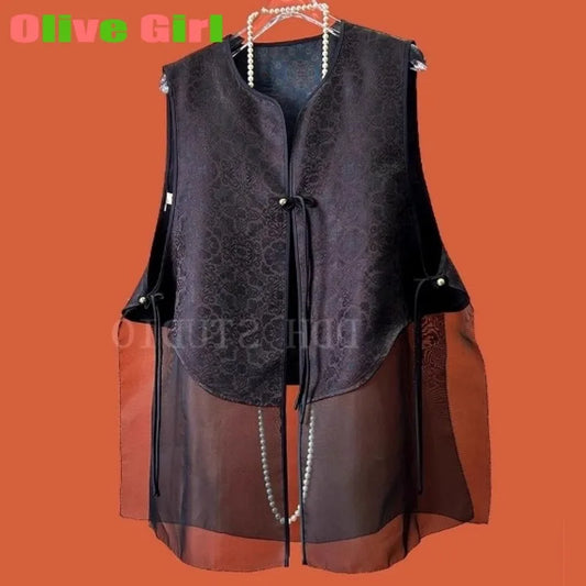 Silk Brocade Patchwork Organza Vest Retro Tassel Buckle Design Sense Top for Women's Vest High-end Elegant Girl's Clothing 2026