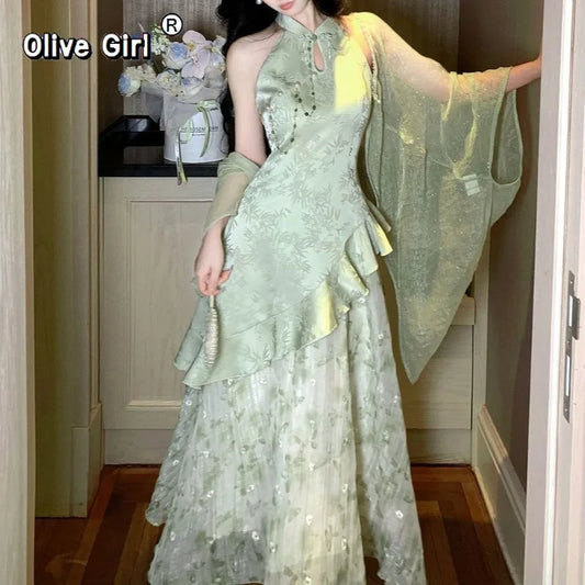 Olivegirl High End Dress Qipao Cheongsam Chinese Style Hanging Neck Dress Two-piece Set 2026 Summer Fairy Long Dresses