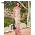 Olivegirl High End Dress Chinese Gradient Printed Sleeveless Lace Cheongsam Qipao Slim Sexy Long Dresses Women's Clothes