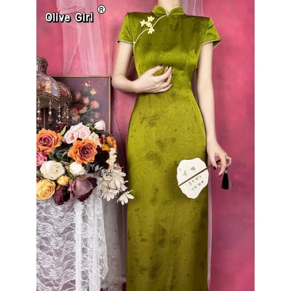 Chinese Dress Qipao Green Improved Cheongsam Summer Down Big Sleeves High End Long Dress Traditional Chinese Clothing