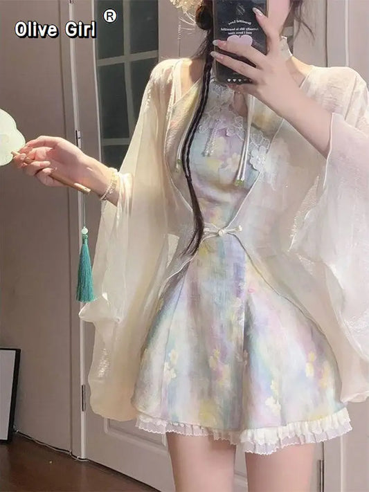 Olivegirl Chinese Dress Sexy Qipao Lace Flower Rainbow Plus Size Suspender Dress Cardigan Women's Clothing Fairy Cheongsam
