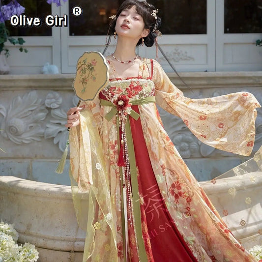 Tang Dynasty Large Sleeve Hanfu Dress | Leaf Print Embroidery | Front Overlapping Fairy Set