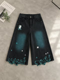 Olivegiel High Waist Cute Cartoon Cat Embroidery Denim Jean Women's Trouser Vintage Y2k Clothes Calf Length Denim Pants Harajuku