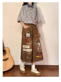 Olivegirl High End Cute Jean American Retro Pants Cartoon Embroidered Women's Seven Point Shorts Trousers Summer Wide Leg Pants