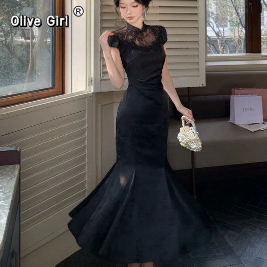 Olivegirl High End Dress Elegant Sweet 2026 Jacquard Lace Patchwork Slim Fish Tail Dresses Qipao Cheongsam Spring Summer Retro