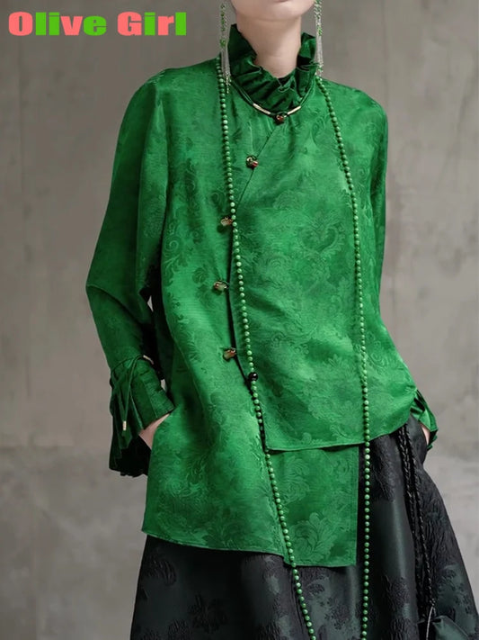 2025 Green Shirt Top Jacquard Fabric Elegant High End Petal Sleeves Chinese Traditional Clothing Women's Blouse Shirt Women