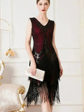 Olivegirl Women's Dress Banquet 2026 Retro V-neck Sleeveless Double Layer Tassel Dress Fashion Shining Nail Bead Party Gown