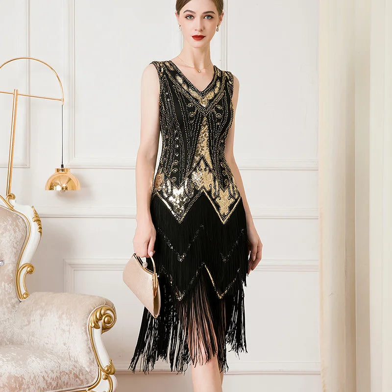 Olivegirl Women's Dress Banquet 2026 Retro V-neck Sleeveless Double Layer Tassel Dress Fashion Shining Nail Bead Party Gown