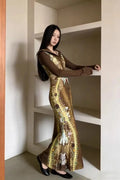 Olivegirl Inspired Bone Print Maxi Dress for Women Long Sleeves Fish Tail dress Flared Collar Waist-Cinching Hugging Style