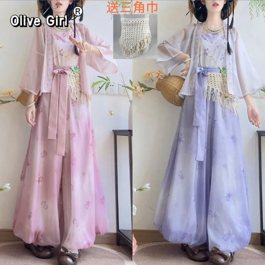 Olivegirl Hanfu Women's Outfits Daily Versatile Short Sleeved Shirt Flower Bud Pants Shorts Summer 2026 Cosplay Women's Clothing