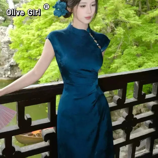 Olivegirl Chinese Peacock Blue Satin Jacquard Dress Qipao Women Summer 2026 Sexy Beautiful Tight Improved Cheongsam Dress