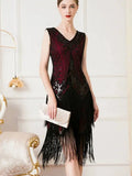 Olivegirl Women's Dress Banquet 2026 Retro V-neck Sleeveless Double Layer Tassel Dress Fashion Shining Nail Bead Party Gown