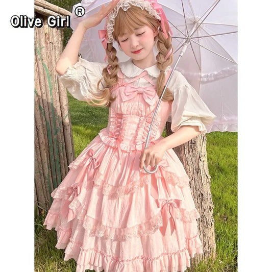 Olivegirl Harajuku Lolita Gothic Halter Dresses JSK Sexy Off Shoulder Long Sleeve Vestidos Mujer 2026 Slim Waist Bow Dress