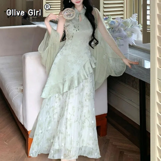 Olivegirl High End Dress Qipao Cheongsam Chinese Style Hanging Neck Dress Two-piece Set 2026 Summer Fairy Long Dresses