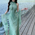 Olivegirl Sexy Dress Cheongsam Qipao 3D Flower Sleeveless Elastic Mesh Fabric Off Shoulder Purple Green Fish Tail Women's Dress