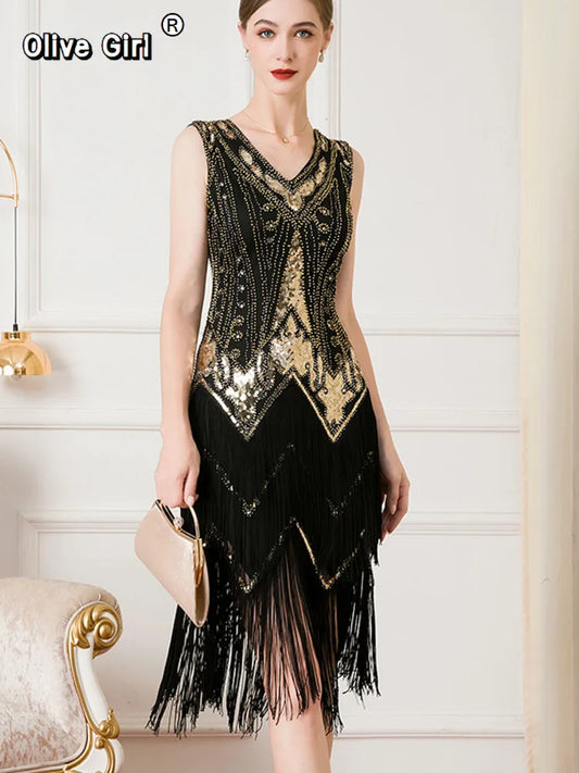 Olivegirl Women's Dress Banquet 2026 Retro V-neck Sleeveless Double Layer Tassel Dress Fashion Shining Nail Bead Party Gown
