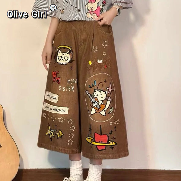 Olivegirl High End Cute Jean American Retro Pants Cartoon Embroidered Women's Seven Point Shorts Trousers Summer Wide Leg Pants