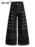 Olivegirl 2026 Women's Jeans Trousers Women Straight Trousers Gothic Y2K American Patchwork Rivet Design Black Loose Streetwear