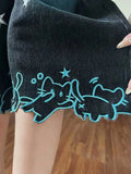 Olivegiel High Waist Cute Cartoon Cat Embroidery Denim Jean Women's Trouser Vintage Y2k Clothes Calf Length Denim Pants Harajuku