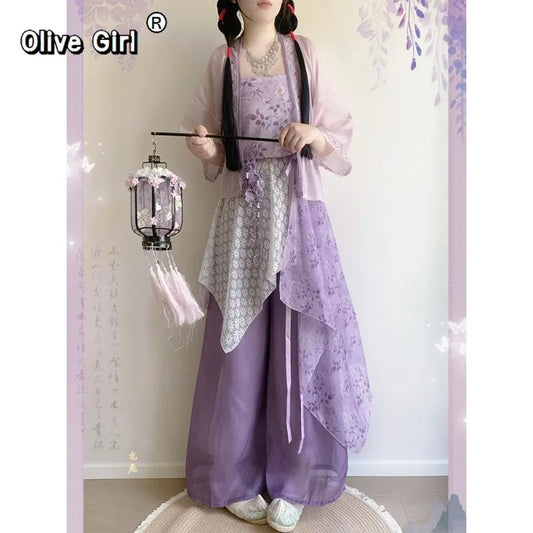 Song Dynasty Hanfu Set | Printed Suspender Pants & Short Shirt | Sweet Elegant Summer Outfit