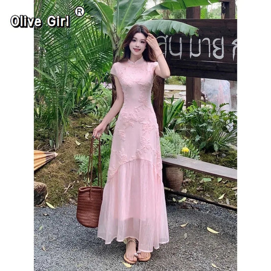 Olivegirl Pink Dress Chinese 3D Flower Cheongsam Qipao Women's Summer Plus Size Gentle and Elegant Mesh Fishtail Dress