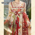 Tang Dynasty Large Sleeve Hanfu Dress | Leaf Print Embroidery | Front Overlapping Fairy Set