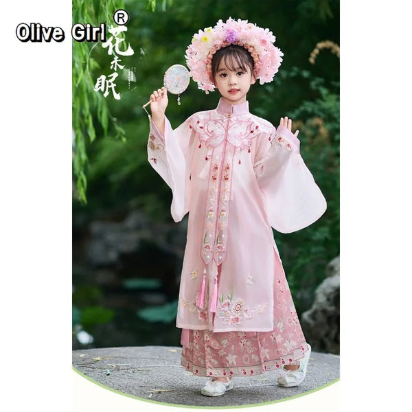 Girls Hanfu Dress | Horse Face Skirt & Cloud Shoulder | Chinese Princess Costume for Kids
